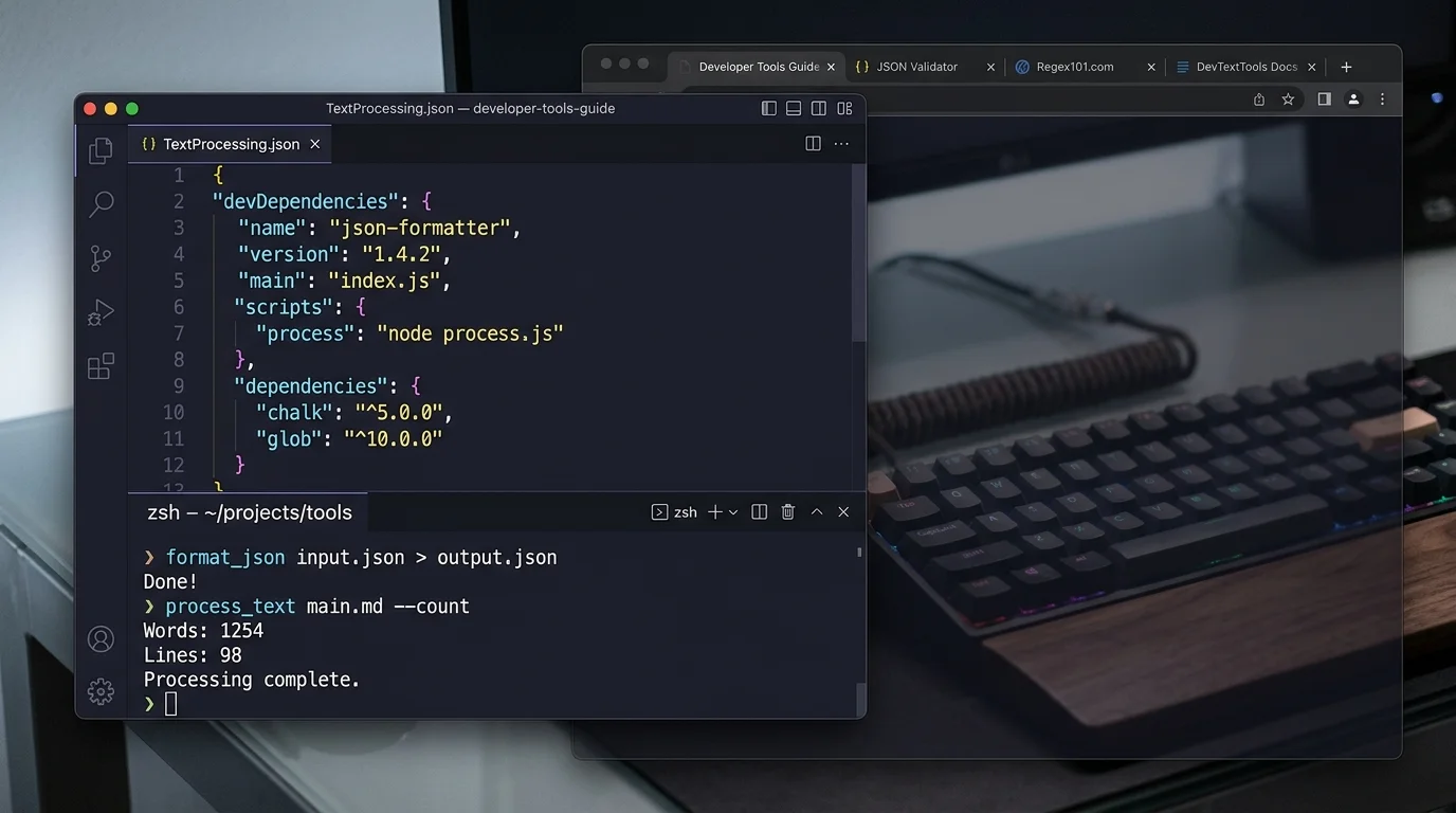 Dark-mode code editor showing JSON formatting and terminal text processing commands